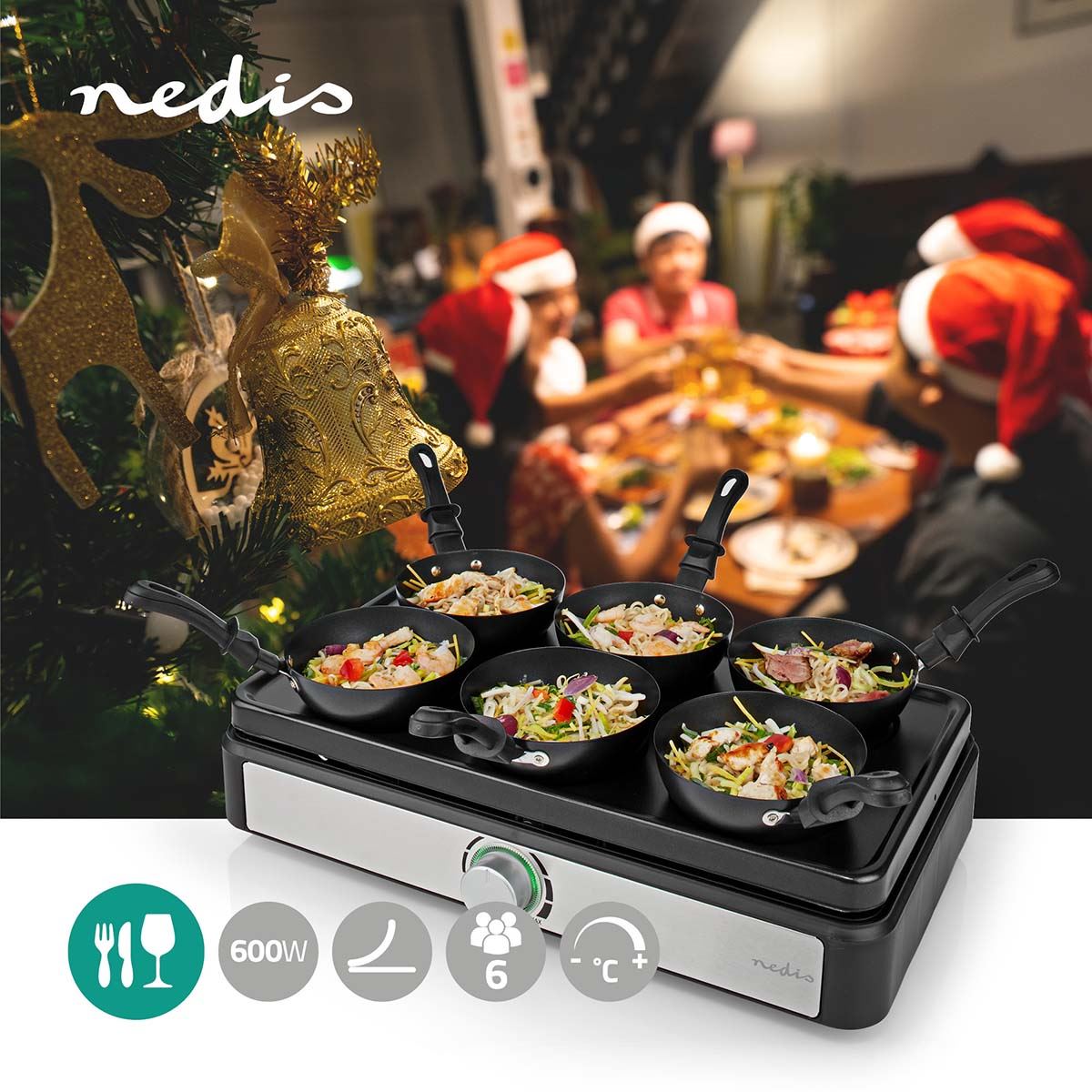 Nedis Electric Party Wok & Baking Plate Set, 600W, with 6 Pans & Spatulas, Non-Stick, Adjustable Temperature