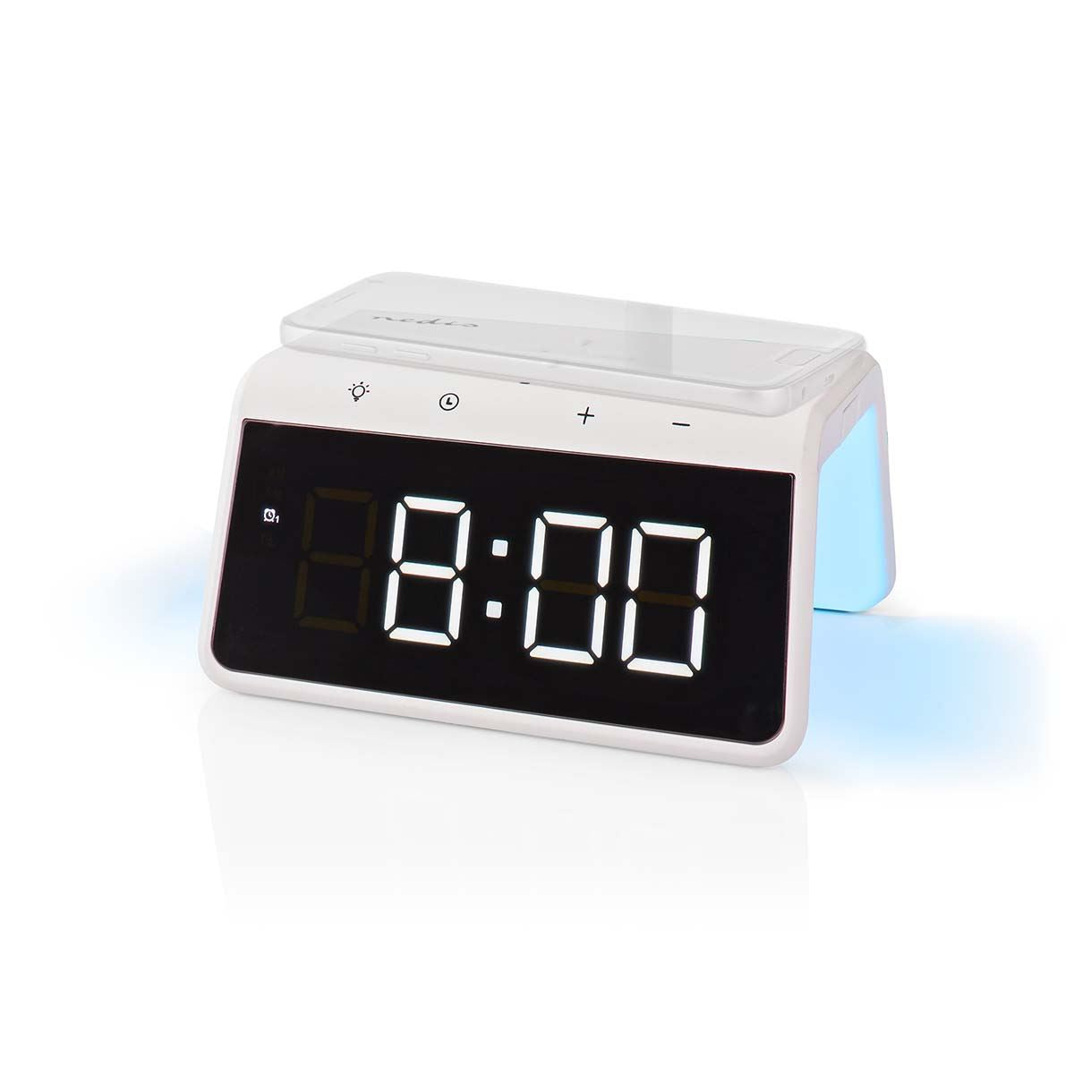 Nedis Wireless Charging Alarm Clock With Qi Certified Dock, Dual Programmable Alarms, Dimmable Backlit Display, Colour Changing Night Light - White