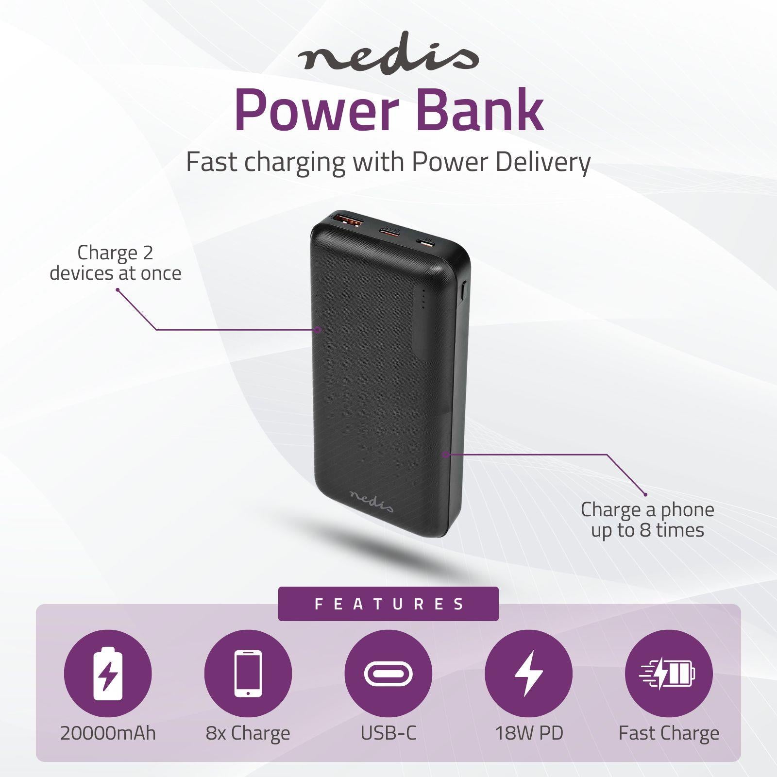 Nedis Powerbank | 20000 mAh | 1.5 / 2.0 / 3.0 A | Number of outputs: 2 | Output connection: 1x USB-A / 1x USB-C™ | Input connection: 1x Micro USB / 1x USB-C™ | PD2.0 18W | Lithium-Polymer