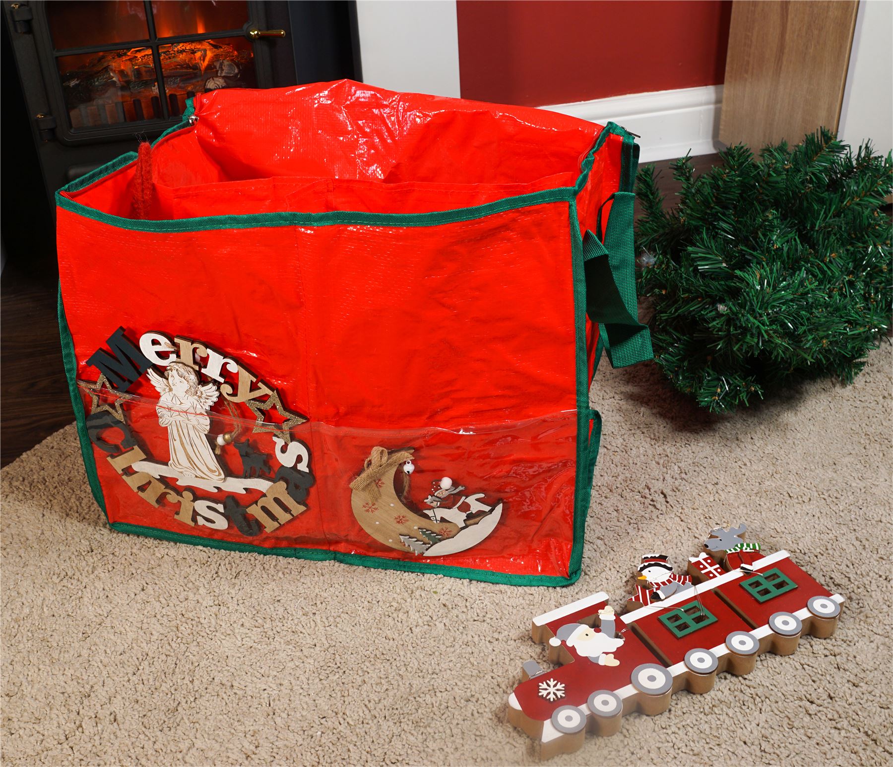 Christmas Storage Bag with Side Pocket and 3 Sections for Xmas Decorations - Red