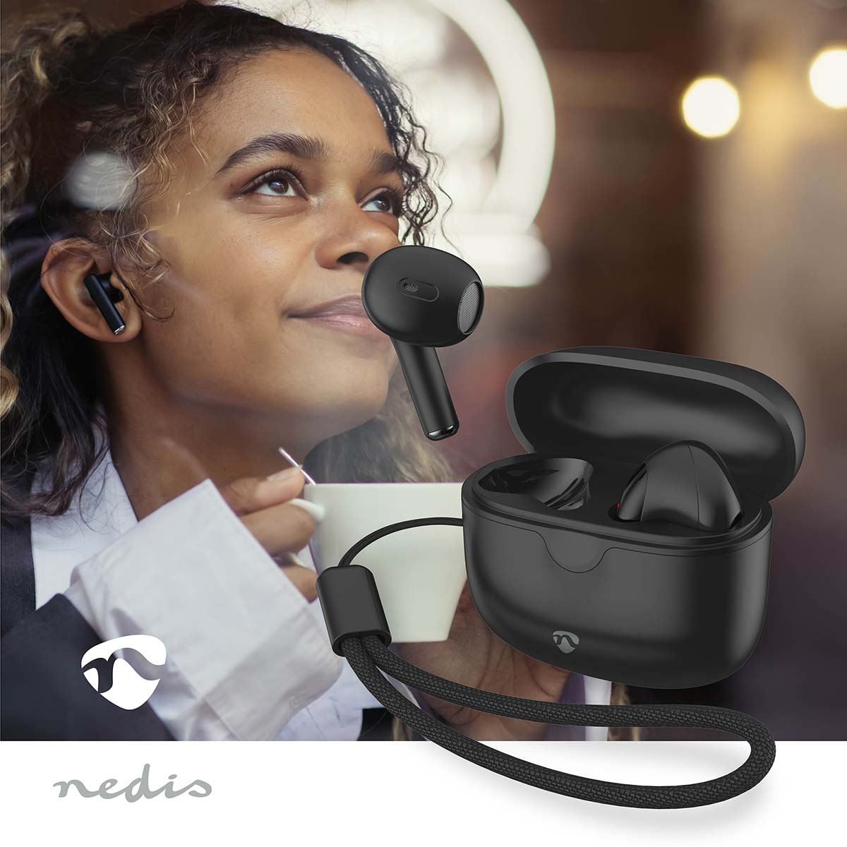 Nedis True Wireless Earphones, Bluetooth 5.3, Touch Control, USB-C Charging Case, 16H Playtime, In-Ear, Built-In Mic, Voice Control Compatible � Black