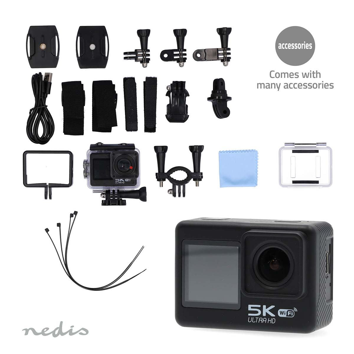 Nedis Dual Screen Action Cam, 5K Ultra HD 30fps, 16MP 170 Degree Wide Angle, Waterproof 30m, Wi-Fi Live Stream with 2" TFT Rear Screen & 1.3" Front Screen, Built-in Mic, Mounting Kit Included