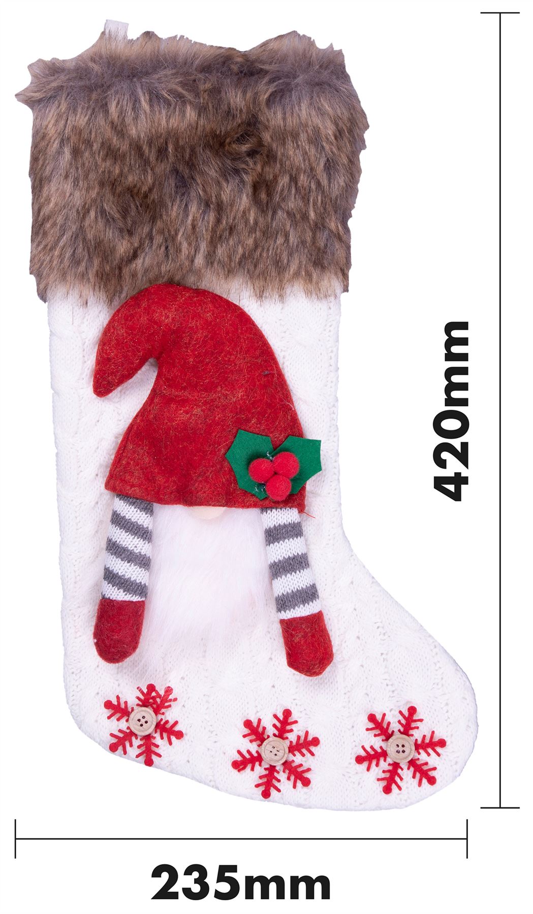 Luxury Gonk Design Christmas Fur Lined Knitted Stocking for Xmas Eve - White