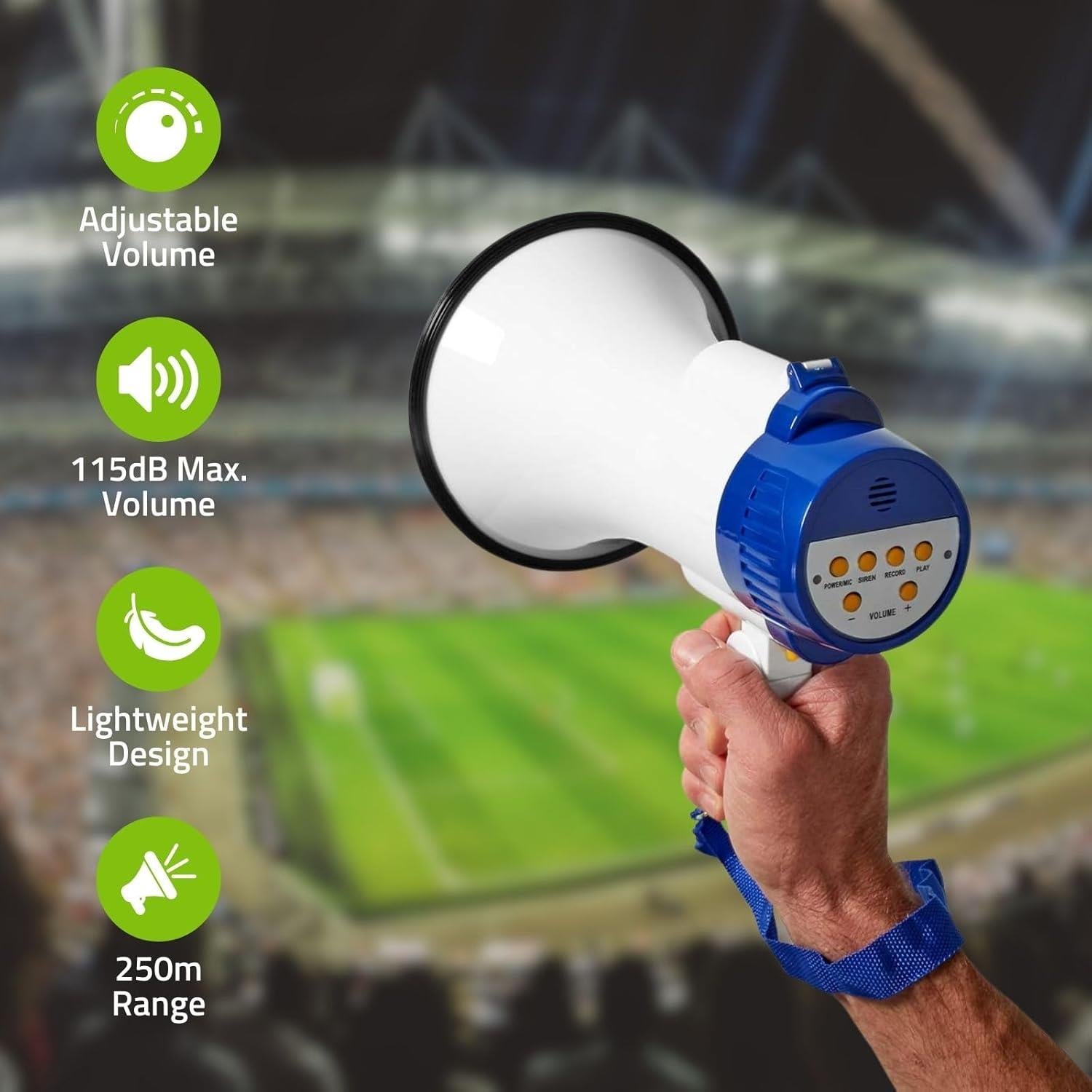 Nedis 10W Megaphone, 250m Range with Built-in Microphone, Siren, Adjustable Volume, Record Function - White & Blue