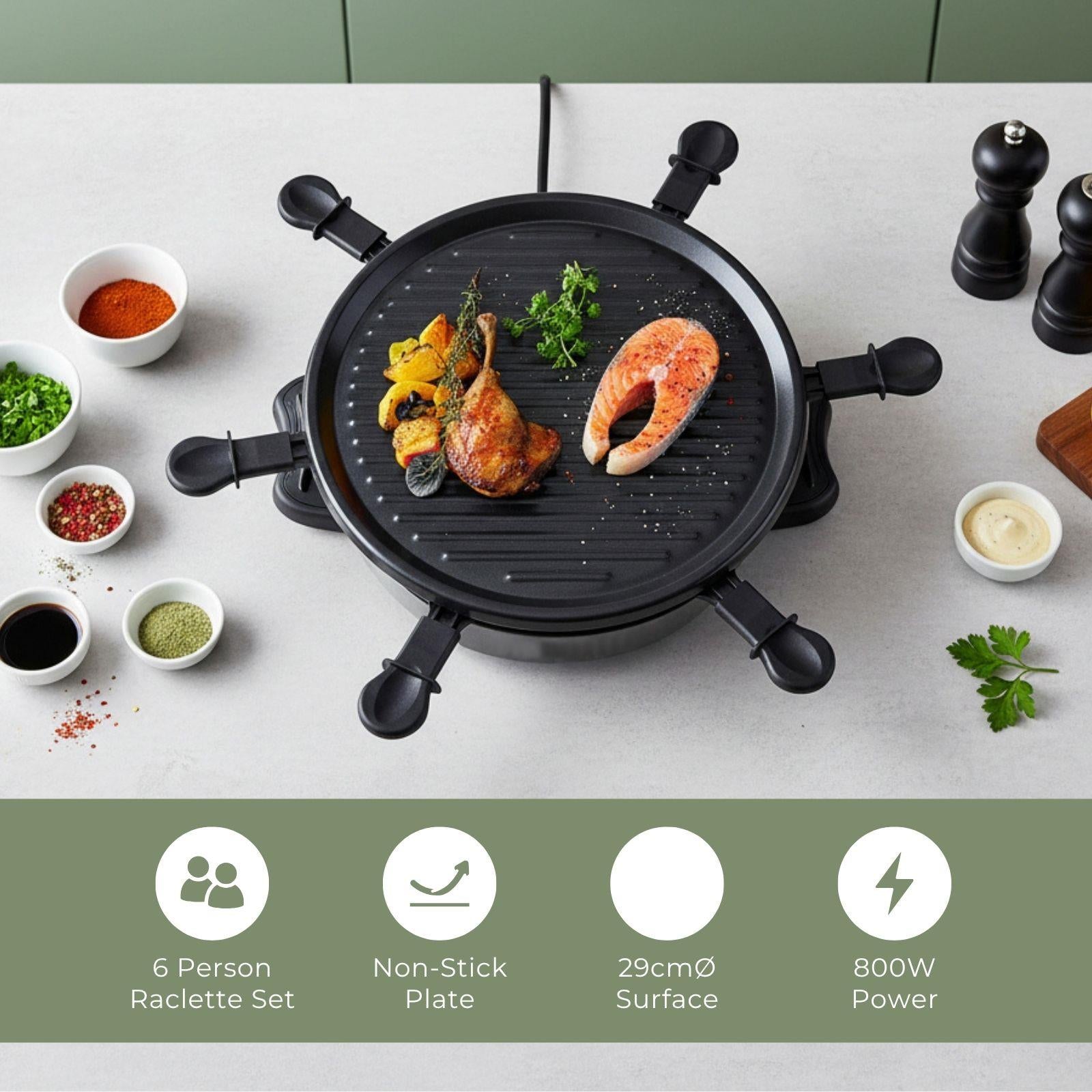 MELISSA Electric Raclette Gourmet Grill, 6 Person Indoor Non-Stick Tabletop Cooker, Removable Round Hot Plate, with 6 x Mini Cheese Pans & Spatulas, 800W