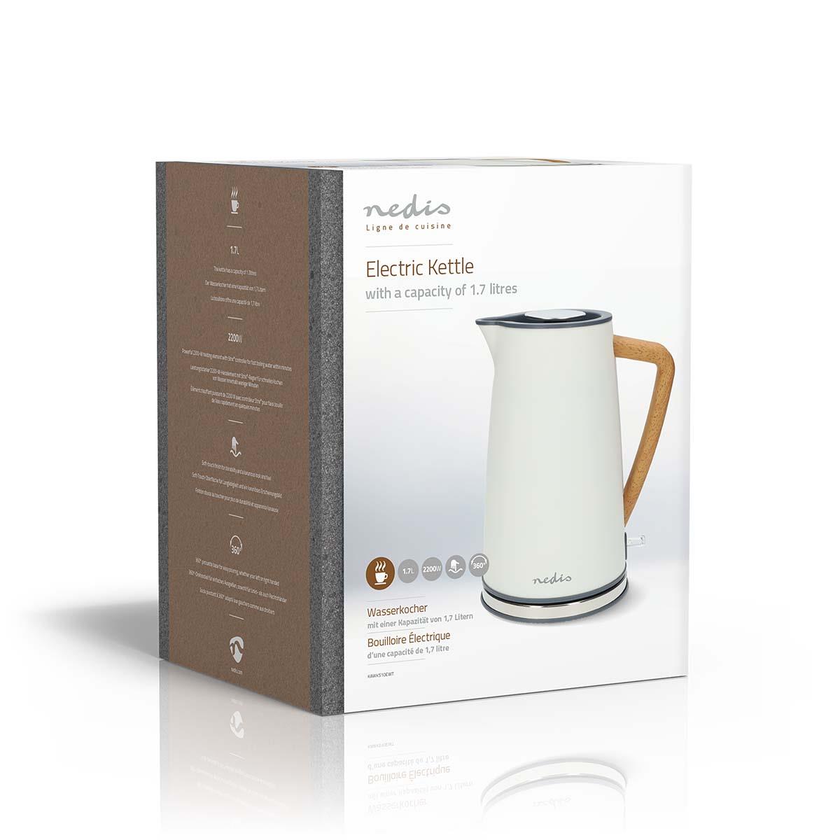 Nedis 1.7L Soft Touch Jug Kettle with Wood Effect Handle, Overheat Protection, Removeable Filter, 2.2KW - Matte White