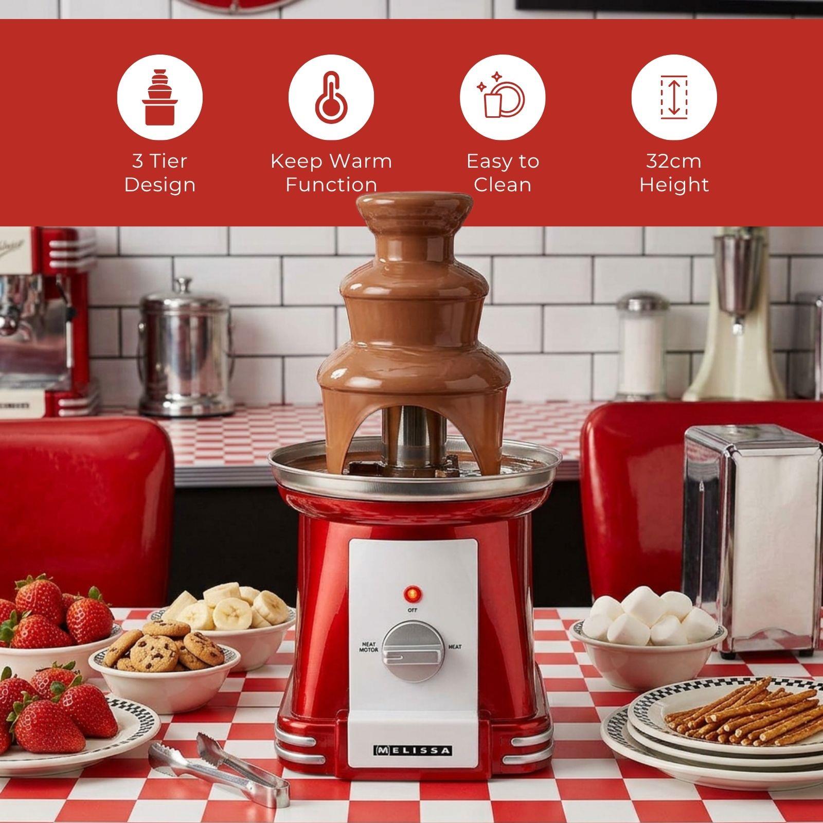 MELISSA Chocolate Fountain, Retro 3 Tier Table Top Machine with 500ml Capacity, Heat & Motor Settings, 90W - Red/White