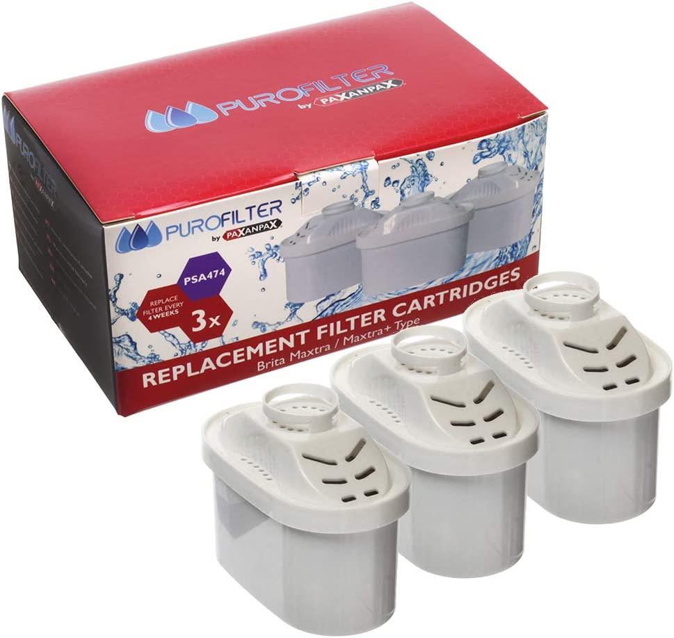 Purofilter BRITA MAXTRA+ Pack of 3 Water Filter Cartridges, Refills Compatible with Brita Pitchers That Reduce Lime and Chlorine