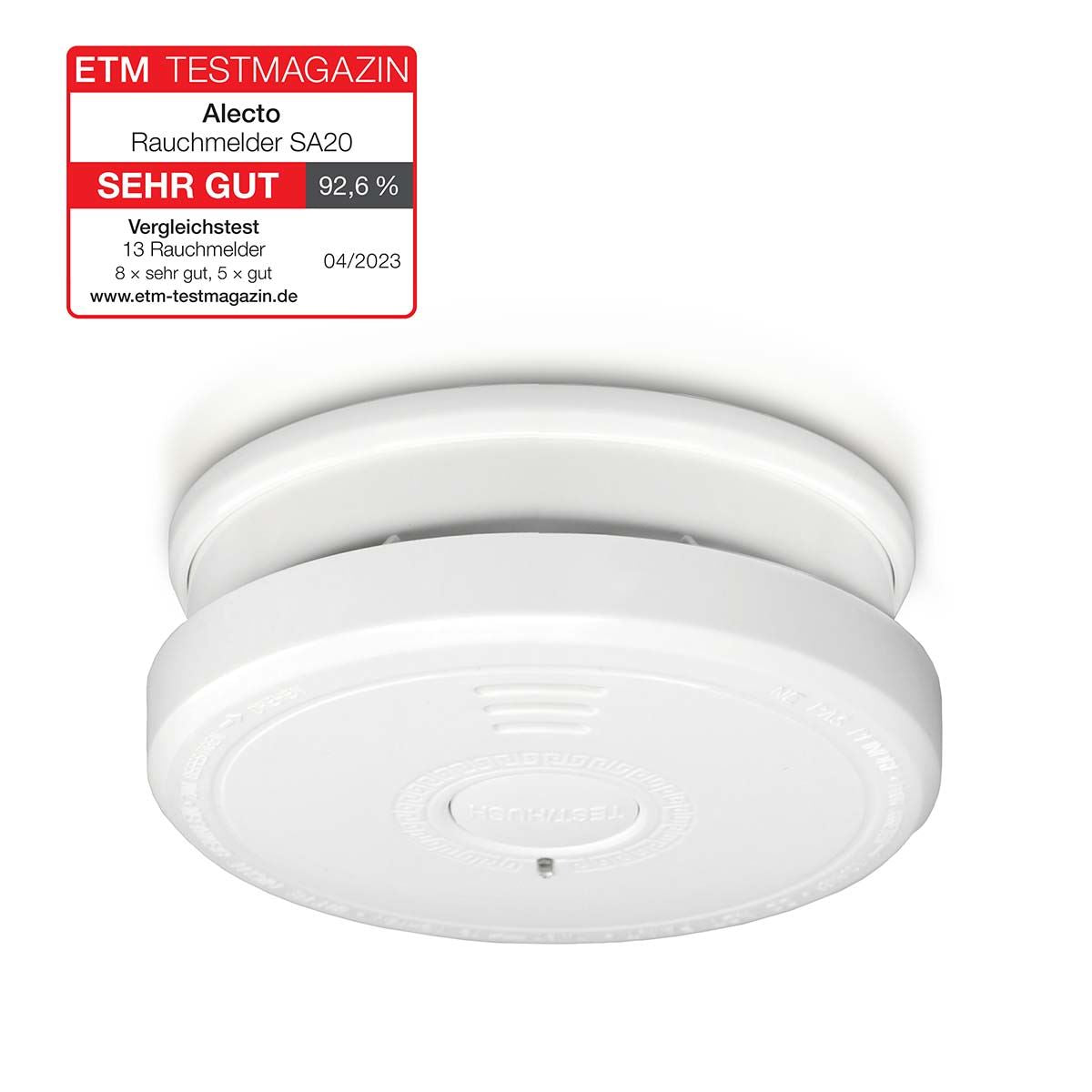 Alecto SA20 Smoke detector with Hush Button | >85 dB | Battery Included | EN14604:2005/AC:2008 | White
