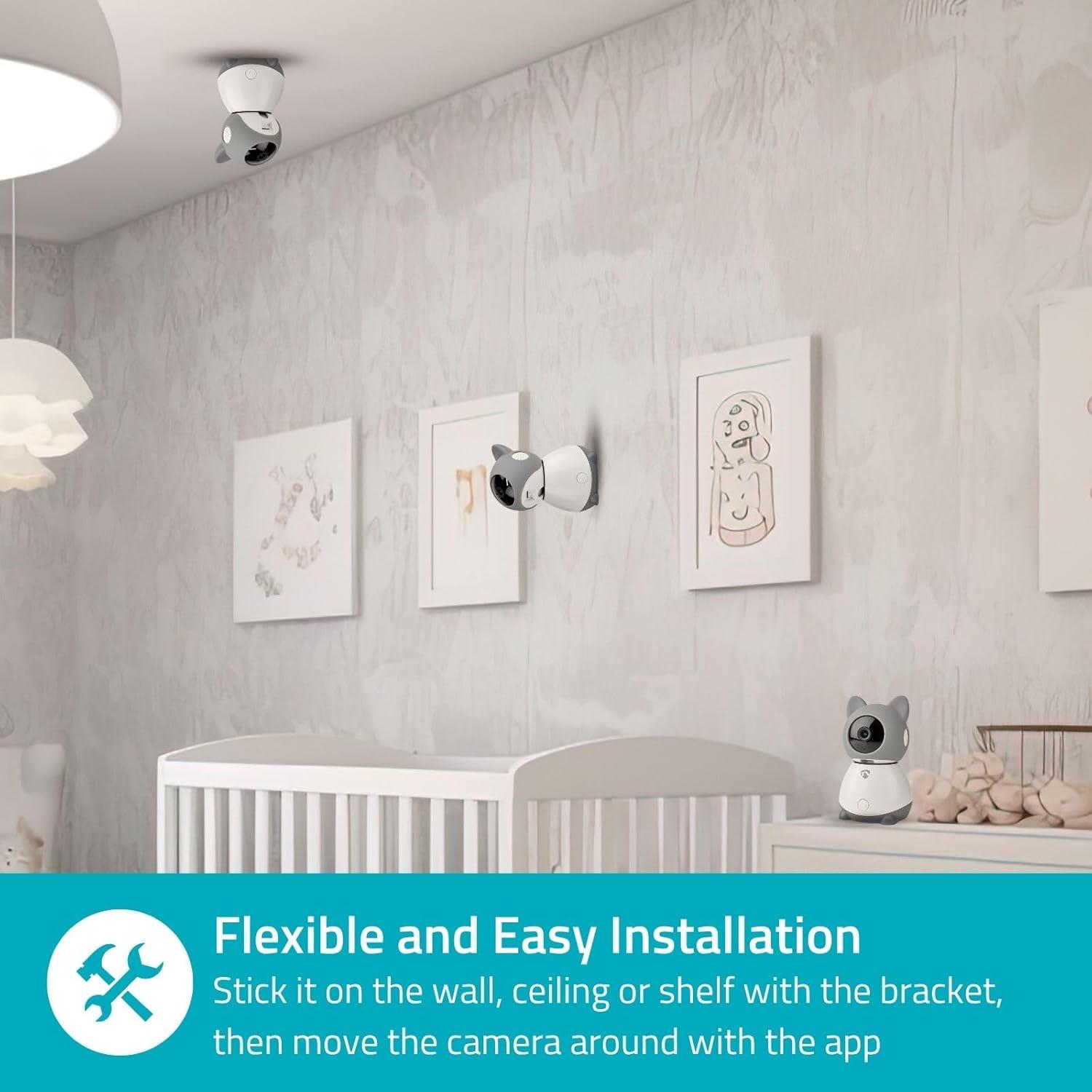 Nedis Smart Wifi Baby Monitor, Indoor Camera Full HD 1080p, Night Vision, PTZ, Motion & Sound Detection, 2-Way Audio, Humidity & Temperature Sensor, App Control � White/Grey