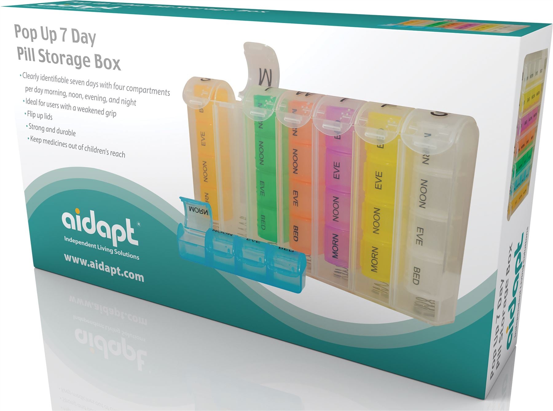 7 Day Pop Up Pill Dispenser Tablet Box Organiser, Flip Up Lids. 4 Compartments per Day, Morn, Noon, Eve and Bed. for Those who take Many Tablets a Day. Medication Management. Weakened Grip Friendly
