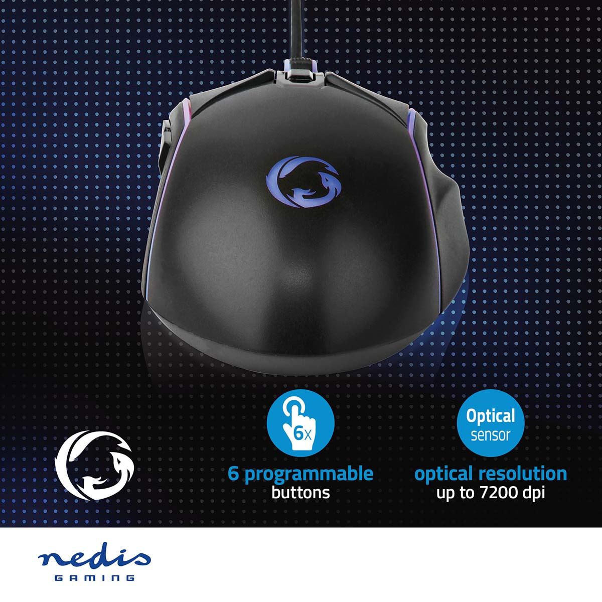 Nedis Gaming Mouse | Wired | 800 / 1200 / 2400 / 3200 / 4800 / 7200 dpi | Adjustable DPI | Number of buttons: 6 | Right-Handed | 1.50 m | LED