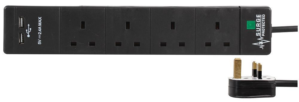 4 Gang 1m Mains Extension Lead Socket Surge Protected 13A with USB Charge Ports - Black