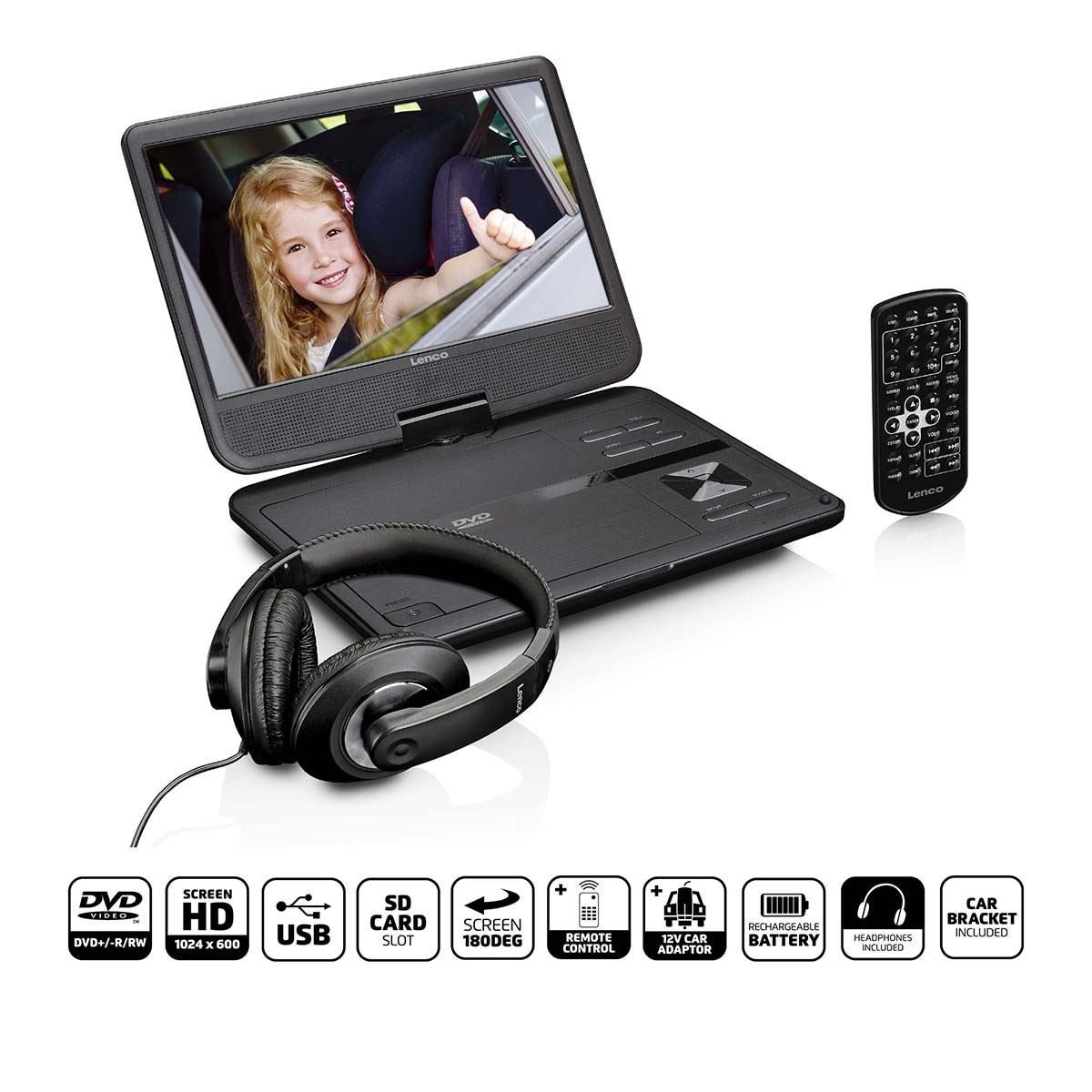 Lenco DVP-1010BK Portable DVD Player with 10" Swivel Screen Earphone/SD Card/USB/AV-in/AV-out, Direct Play in Formats AVI/RMVB/MP3/JPEG - Black