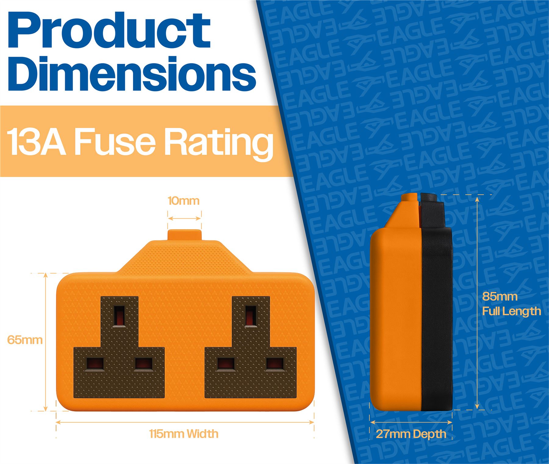 2 Gang High Impact Trailing Mains Powet Extension Socket, 13A - Orange