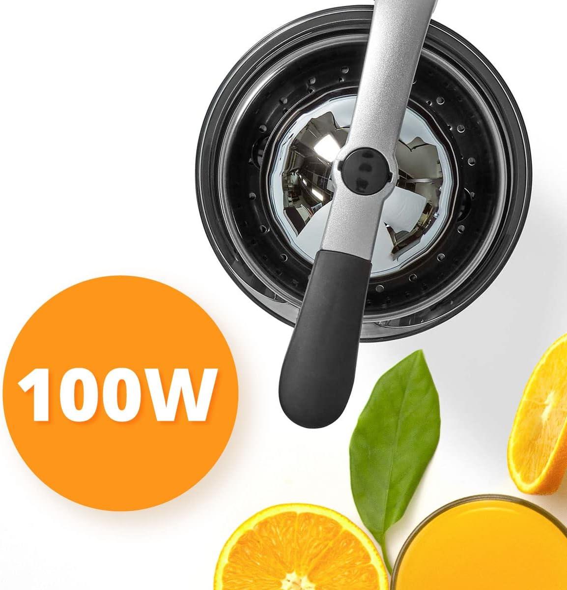 Nedis Electric Citrus Press Juicer Squeezer, 100W Motor, with 2 x Interchangeable Cones, and Anti-Drip Easy Pour Spout