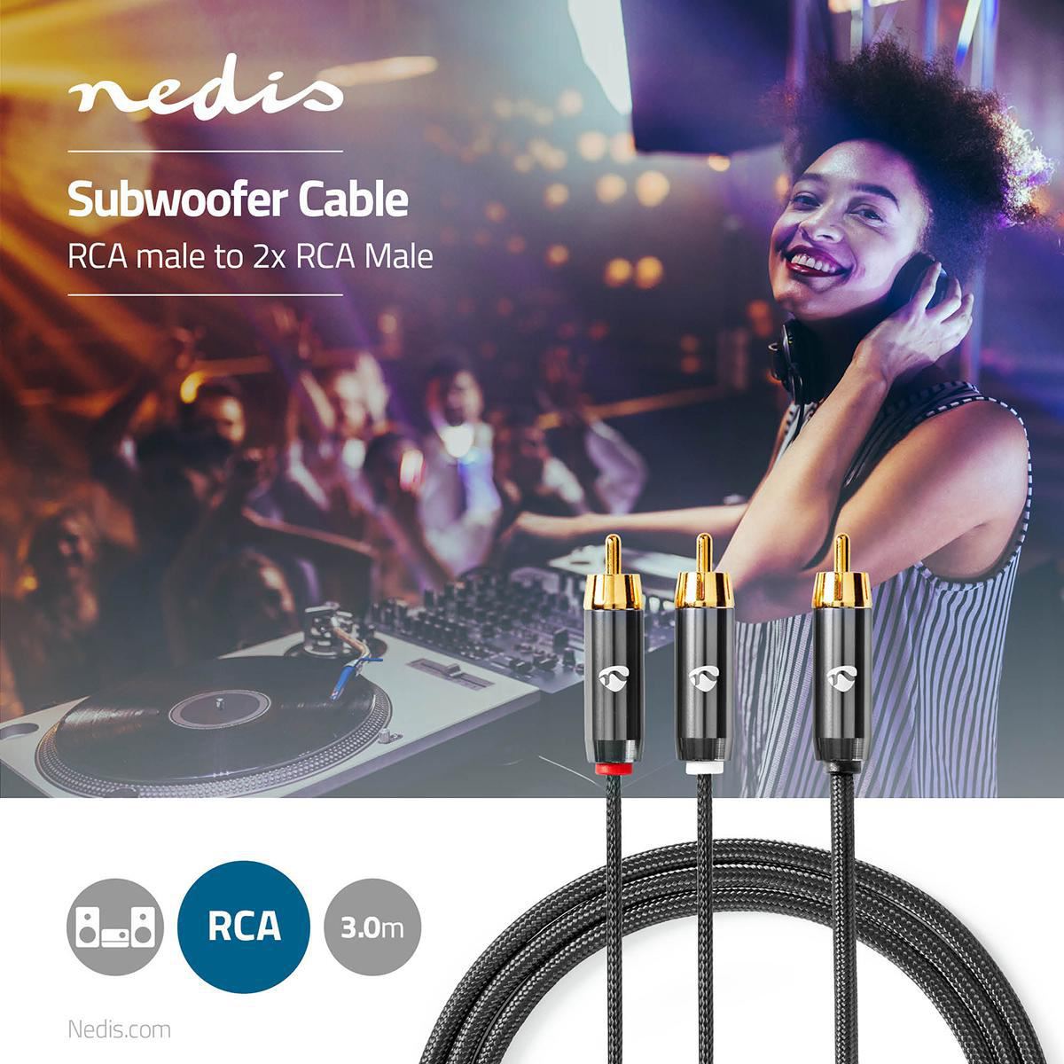 Nedis Subwoofer Cable | RCA Male | 2x RCA Male | Gold Plated | 3.00 m | Round | 4.5 mm | Grey / Gun Metal Grey | Cover Window Box