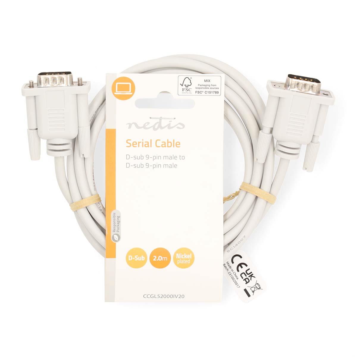 Nedis Serial Cable | D-SUB 9-Pin Male | D-SUB 9-Pin Male | Nickel Plated | 2.00 m | Round | PVC | Ivory | Label