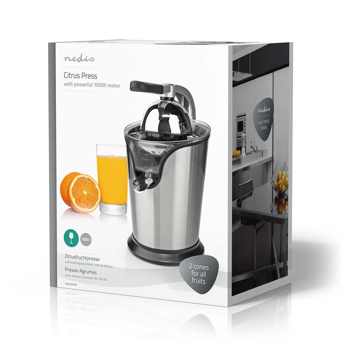Nedis Electric Citrus Press Juicer Squeezer, 100W Motor, with 2 x Interchangeable Cones, and Anti-Drip Easy Pour Spout