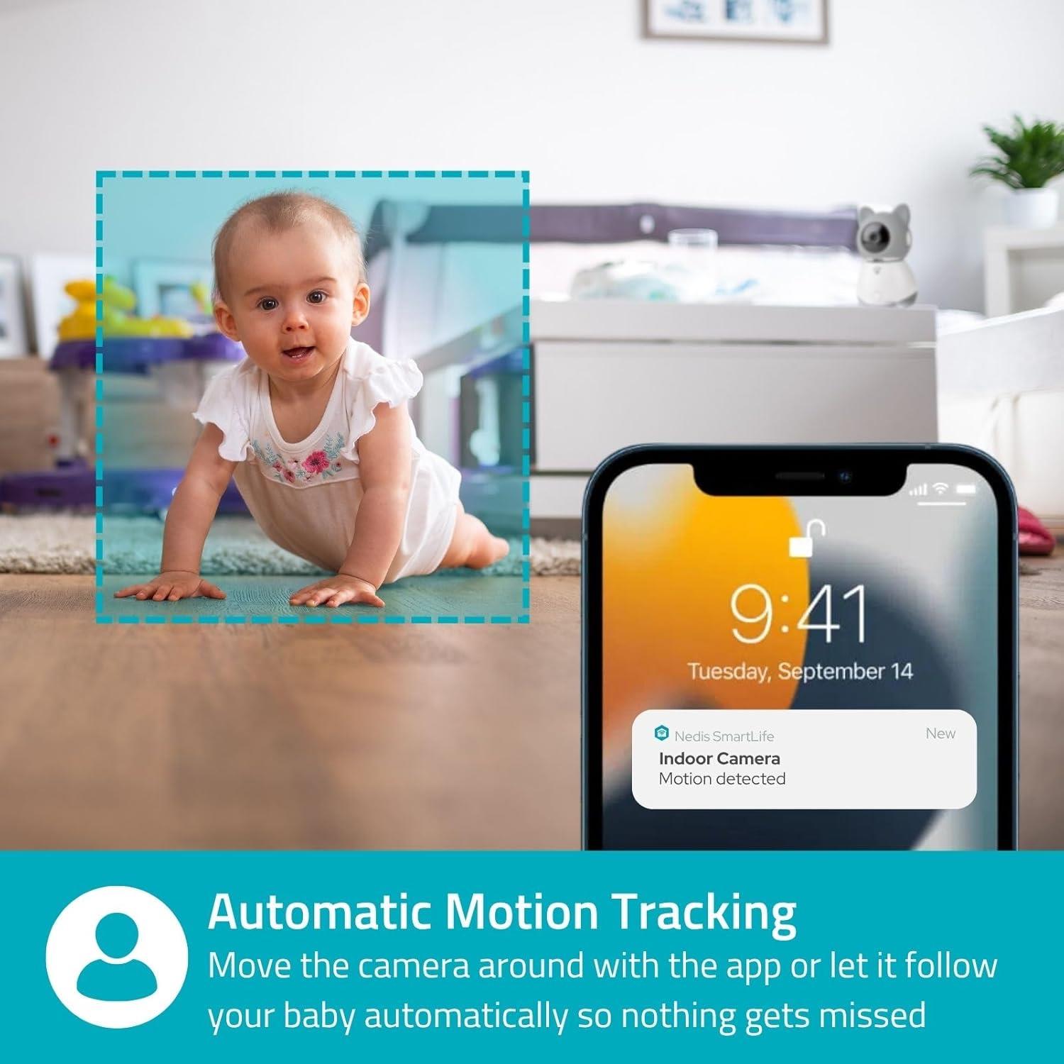 Nedis Smart Wifi Baby Monitor, Indoor Camera Full HD 1080p, Night Vision, PTZ, Motion & Sound Detection, 2-Way Audio, Humidity & Temperature Sensor, App Control � White/Grey