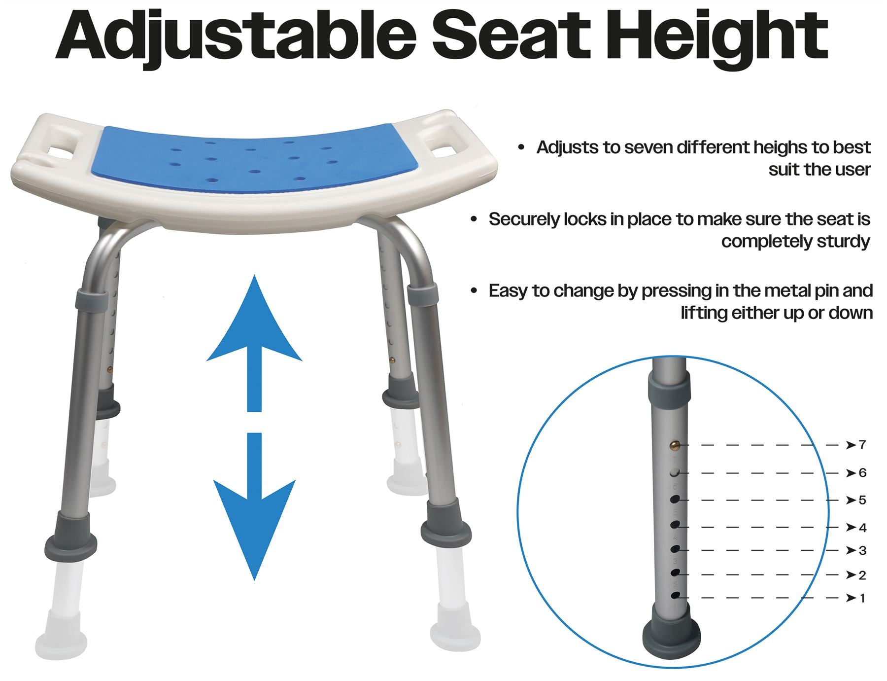 Aidapt Shower Stool with Seat Padding.Height Adjustable,Shower Head Holder,Minimal Assembly,No Tools Required,Non-Slip Ferrules,Integral Seat Handles,Elderly,Disability,Bath Chair