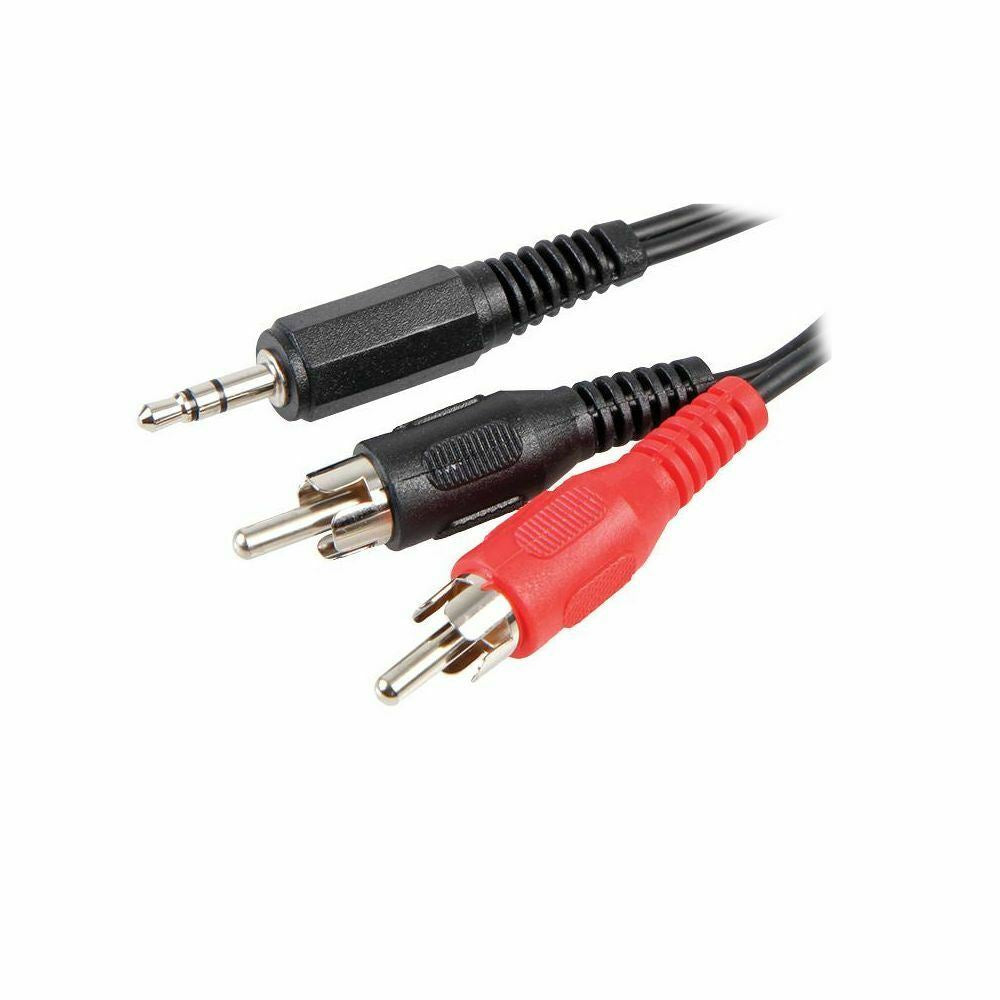 15m | 3.5mm Stereo Jack Plug | 2x RCA Male Phono Plugs | Cable - Black