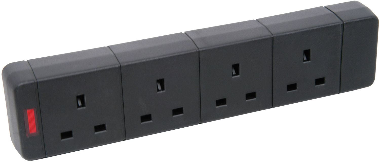 Mercury 4 gang 13A Re-Wireable trailing socket with neon - Black