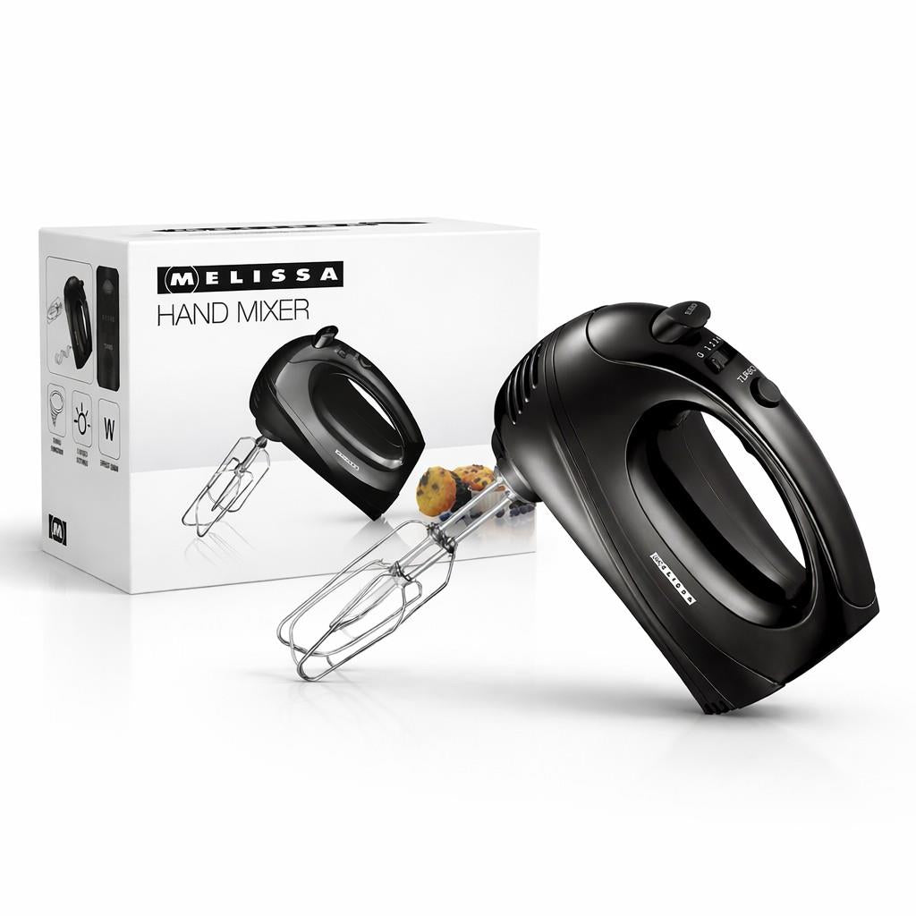 MELISSA Electric Hand Mixer with 5 speeds & turbo setting, 2 chrome plated beaters, all dishwasher safe, Easy release button, 300w - Black