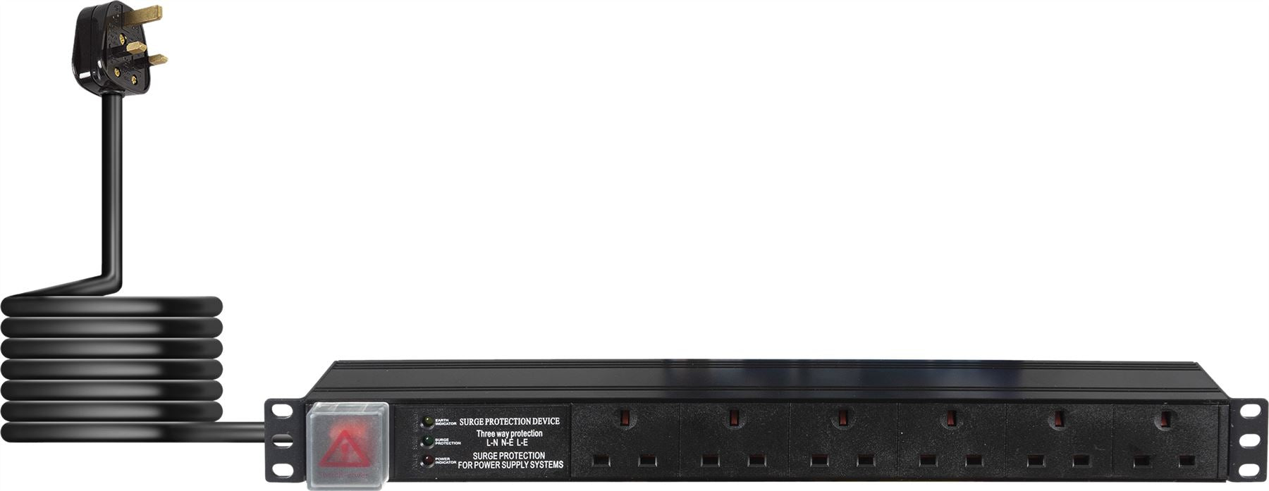 6-Way Horizontal 13A 3 -Way Surged Protected Switched PDU 19-Inch 1U Standardised Power Distribution Unit 3m Lead