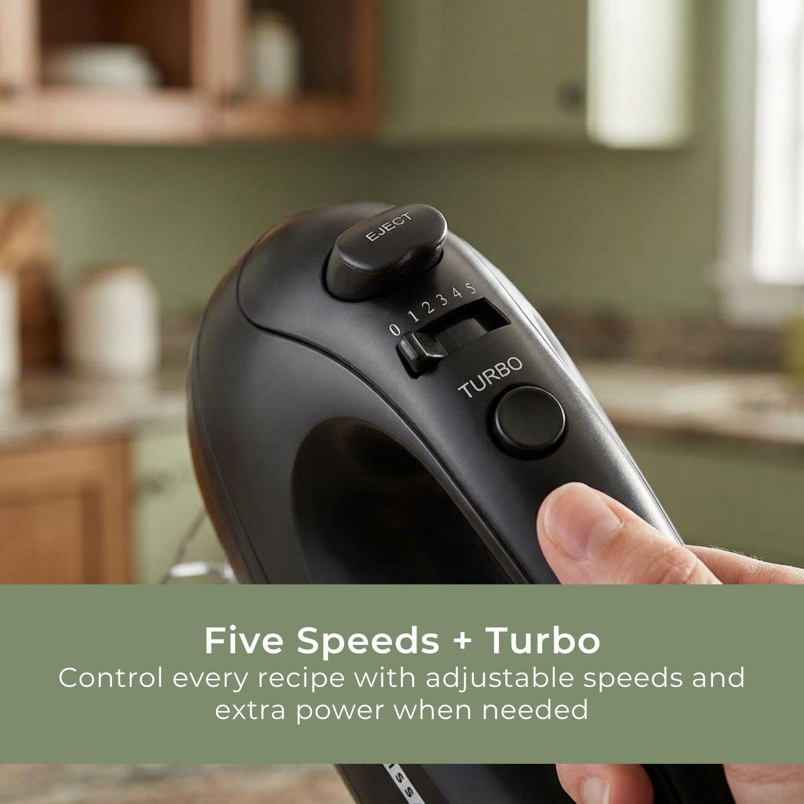 MELISSA Electric Hand Mixer with 5 speeds & turbo setting, 2 chrome plated beaters, all dishwasher safe, Easy release button, 300w - Black