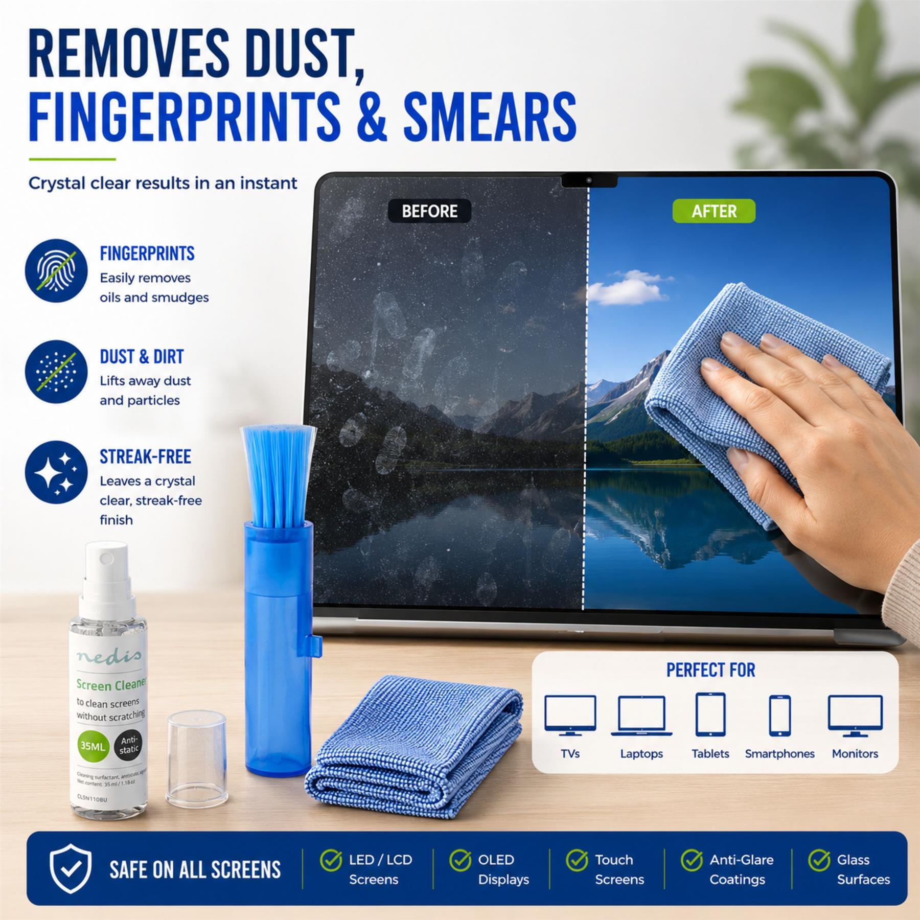 Nedis Screen Cleaner Kit for TV, PC, Smartphone & Tablet - 35ml Spray, Brush & Pearl Cloth