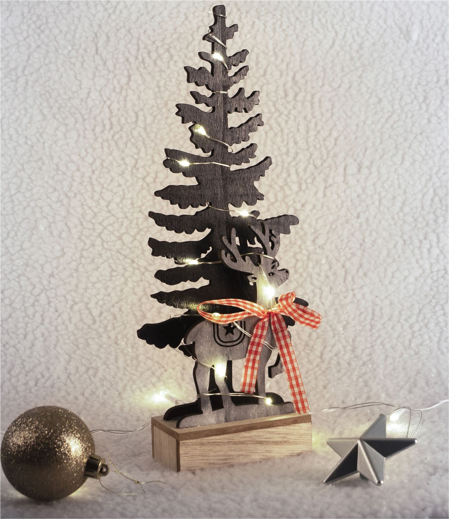 Wooden Christmas Tree LED Light Decoration with Reindeer Battery Operated