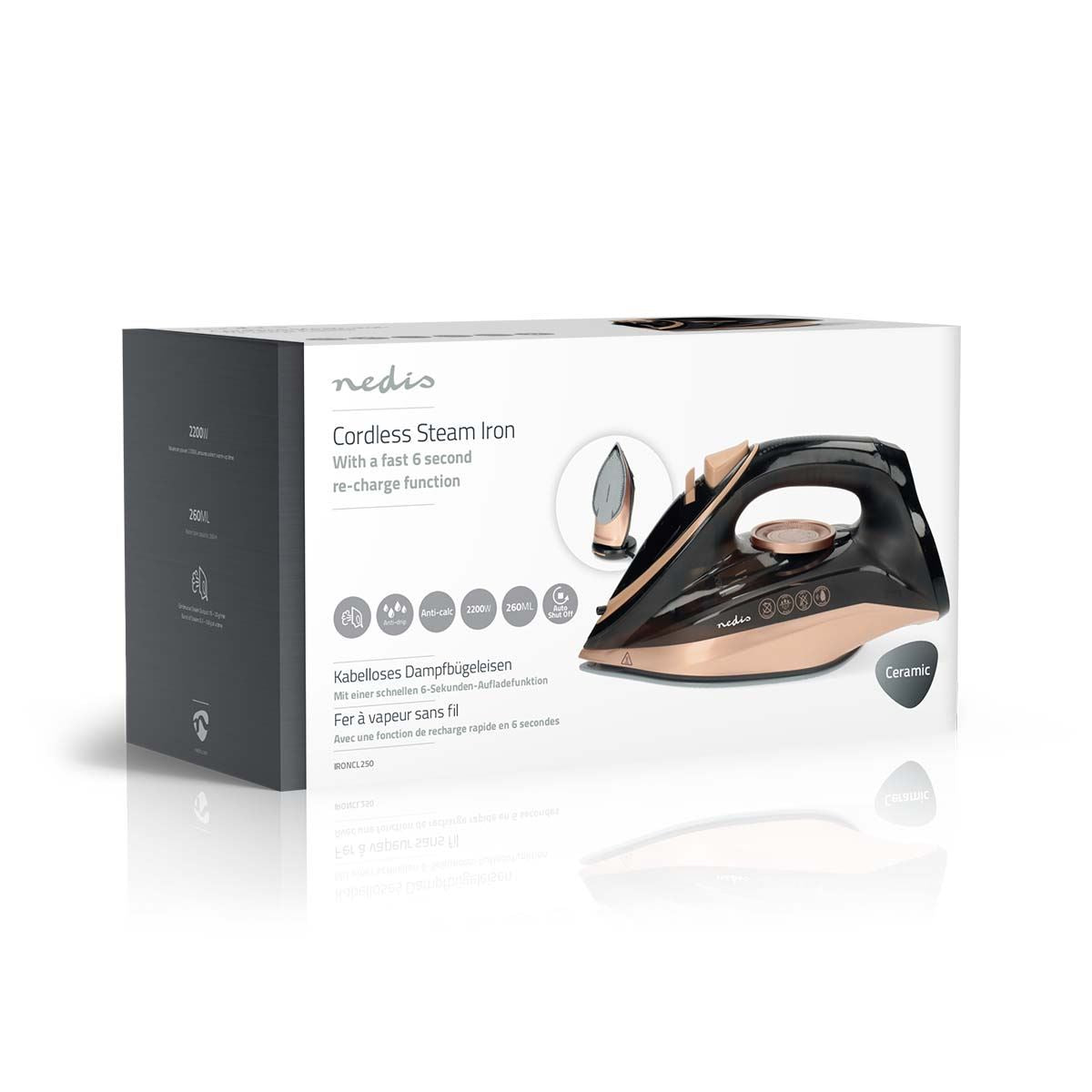 Nedis Steam Iron 2200W, Powerful Fast Heating, Adjustable Steam Control, Vertical Steam Spray Function, Large 260ml Water Tank, Stainless Steel Soleplate - Rose Gold