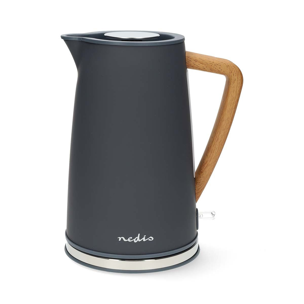 Nedis 1.7L Soft Touch Jug Kettle with Wood Effect Handle, Overheat Protection, Removeable Filter, 2.2KW - Grey