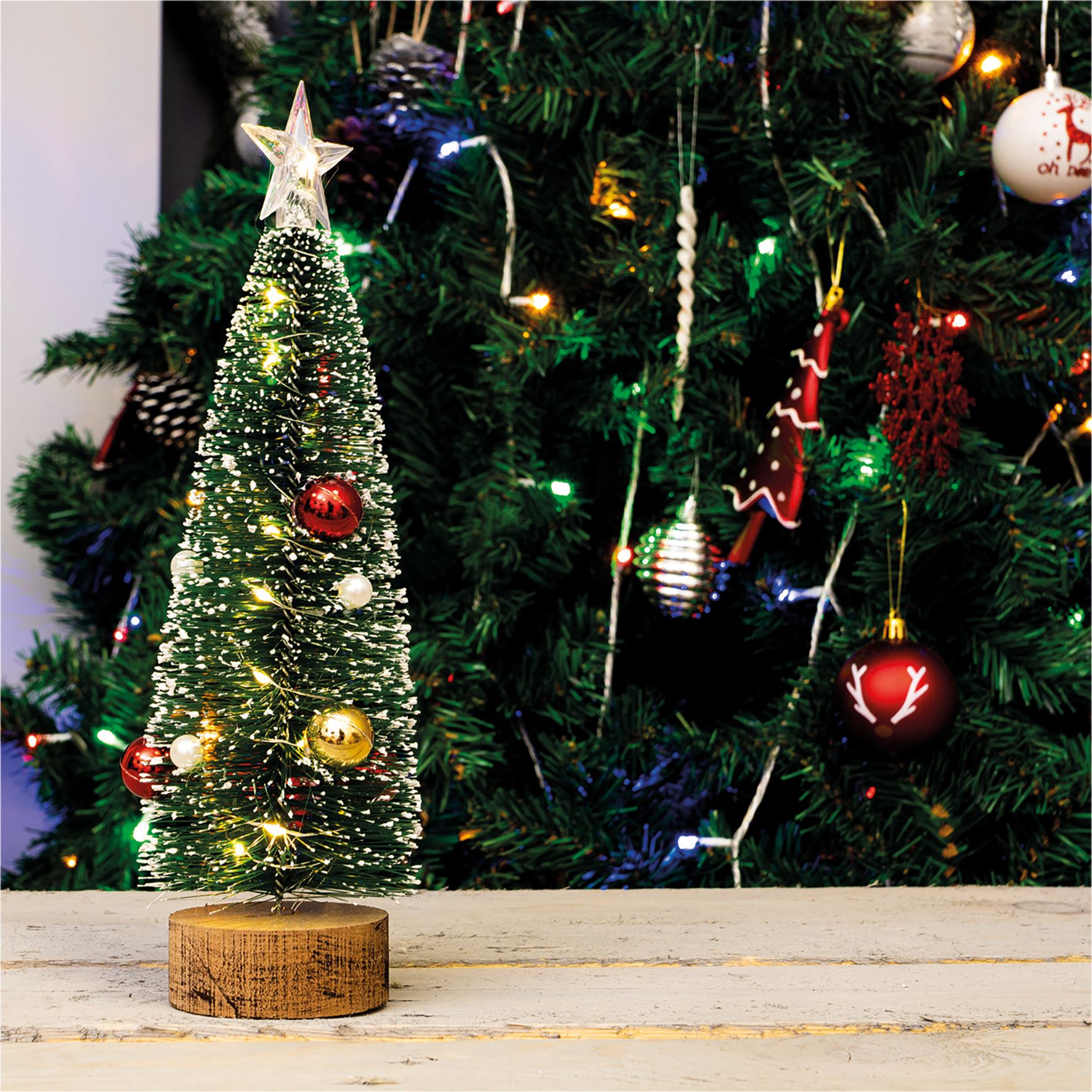 LED Light Up Mini Table Top Christmas Tree with Red Gold and Pearl Baubles Battery Operated