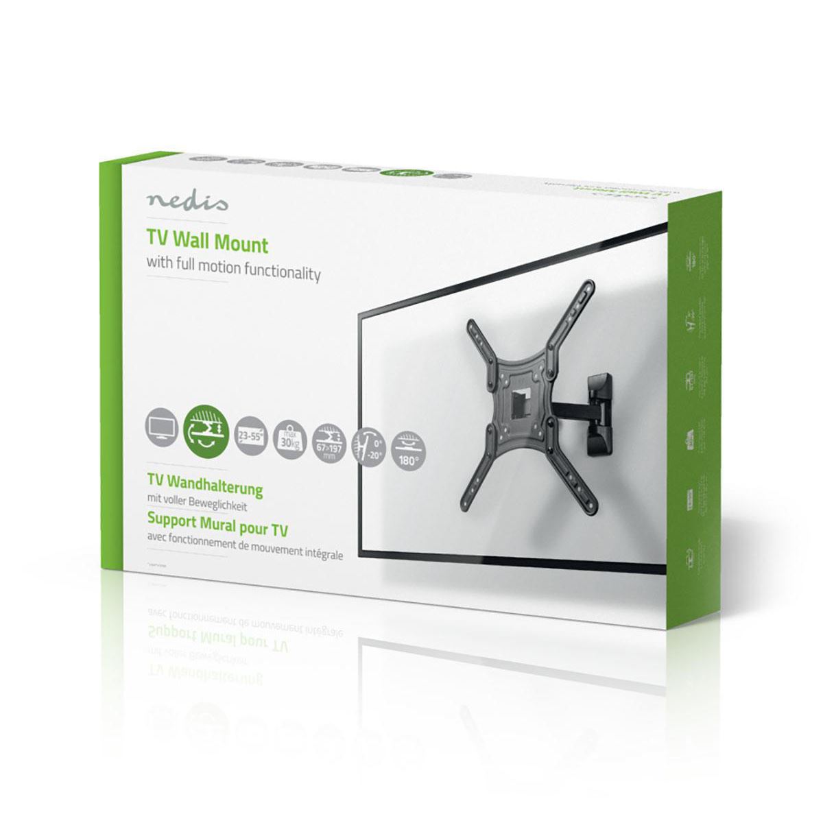 Nedis Full Motion TV Wall Mount | 23 - 55 " | Maximum supported screen weight: 30 kg | Tiltable | Rotatable | Minimum wall distance: 67 mm | Maximum wall distance: 197 mm | 2 Pivot point(s) | ABS / Steel | Black