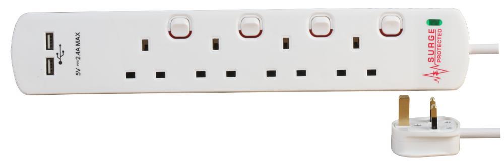 4 Gang 2m Mains Extension Lead Socket Individually Switched 13A with Surge Protection & USB Ports - White