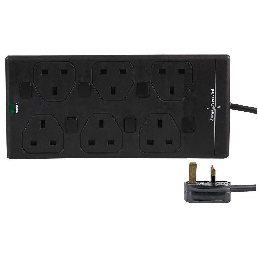 6 Gang 2m Mains Extension Lead Socket Individually Switched 13A with Surge Potection - Black