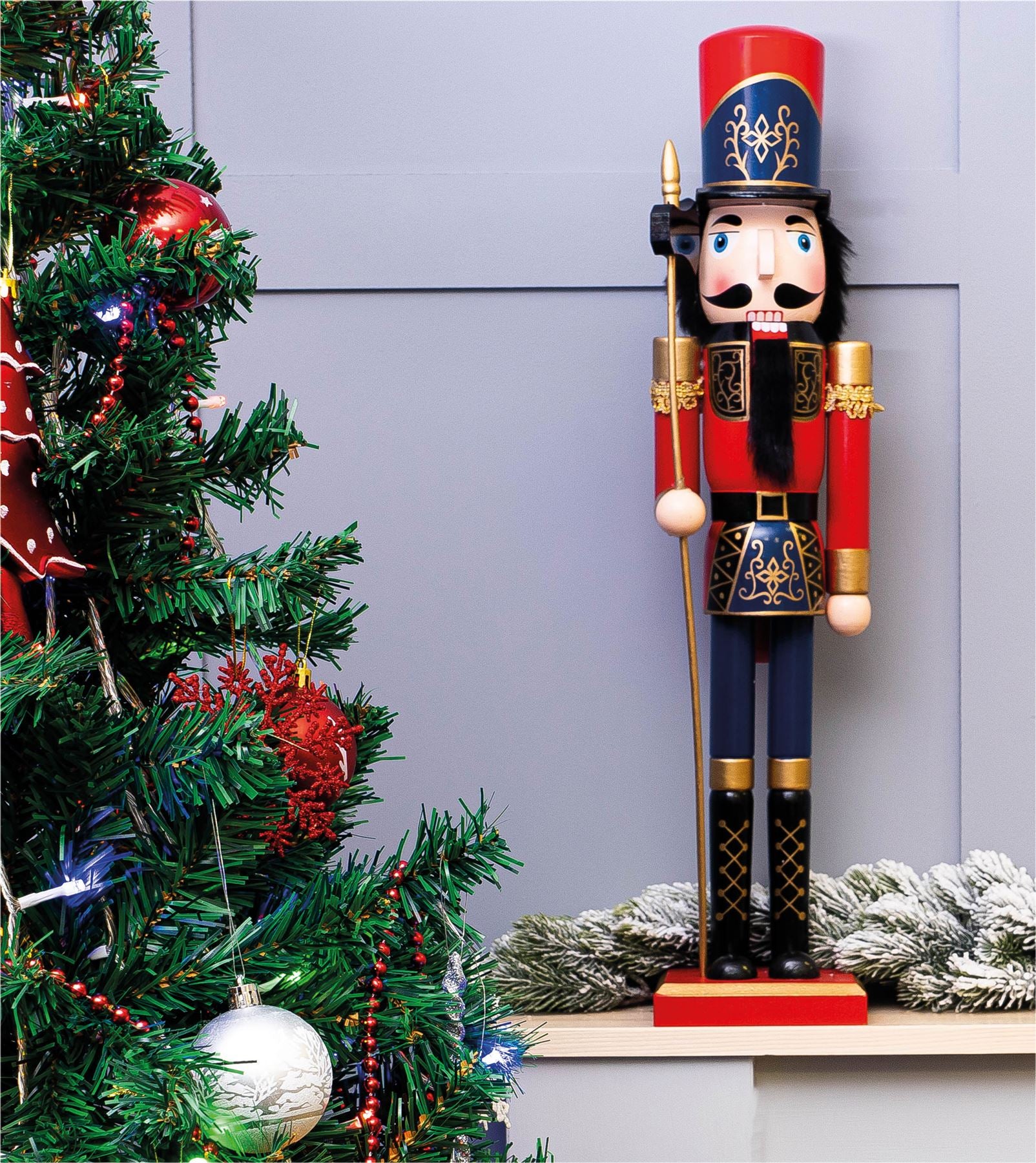 Large 60cm Traditional Christmas Nutcracker Red Blue and Gold with Sceptre