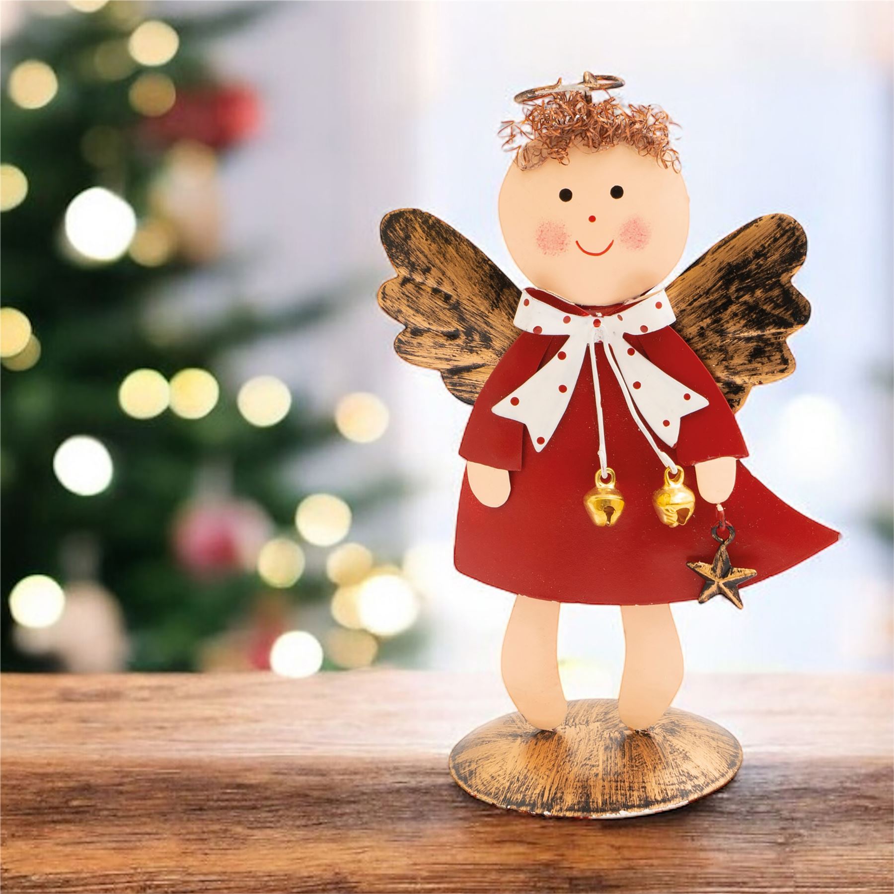 Standing Metal Christmas Angel Ornament Decoration with Wings Halo & Star Bells - Red
