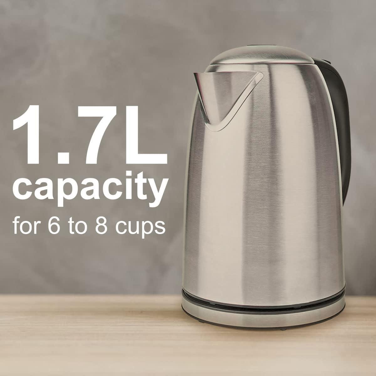 Nedis 1.7L Electric Kettle Cordless Silver 2200W Boil Dry Protection Auto Switch Off