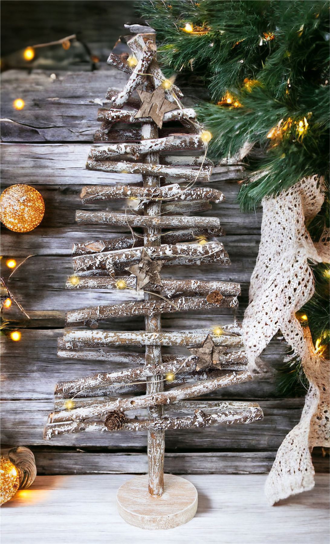 Battery Powered Birch Wood Christmas Tree Light Effect with LED String Lights