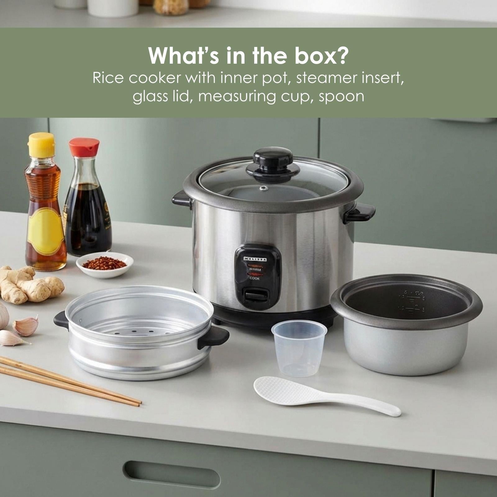 MELISSA 1L Rice Cooker with Keep-Warm Function & Boil Dry Protection, 500W, for 1-6 People, Quick Preparation Without Burning, Non-Stick Coating, Stainless Steel