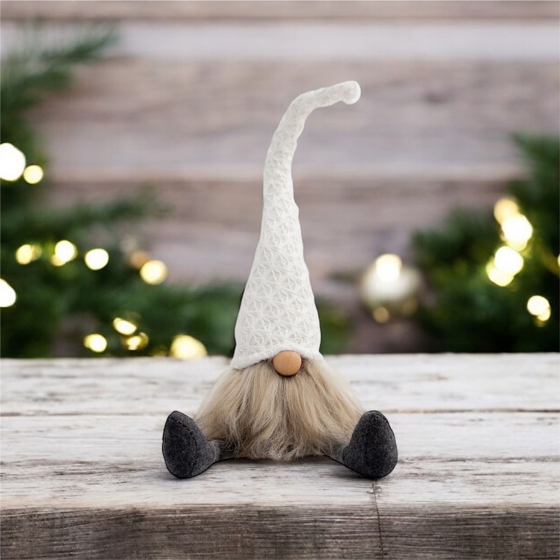 Knitted "Otto" Christmas Sitting Gonk Decoration Nordic Gnome Elf Festive Ornament with Wooden Nose - White