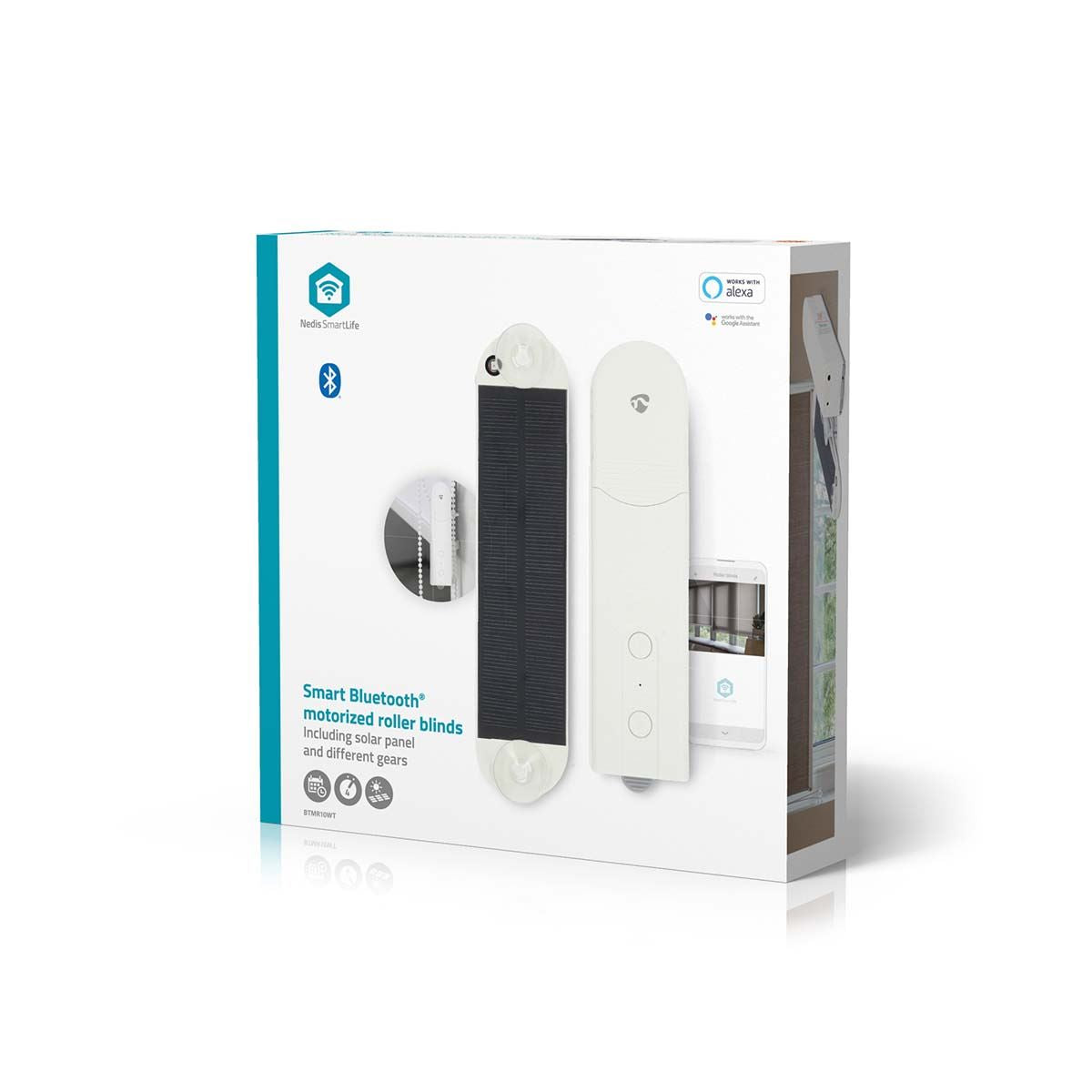 Nedis SmartLife Solar / USB Powered SmartLife Curtain Robot Cable System Pane Roller/Roman blinds Voice Control for Google/Alexa 2000 mAh Bluetooth® - White