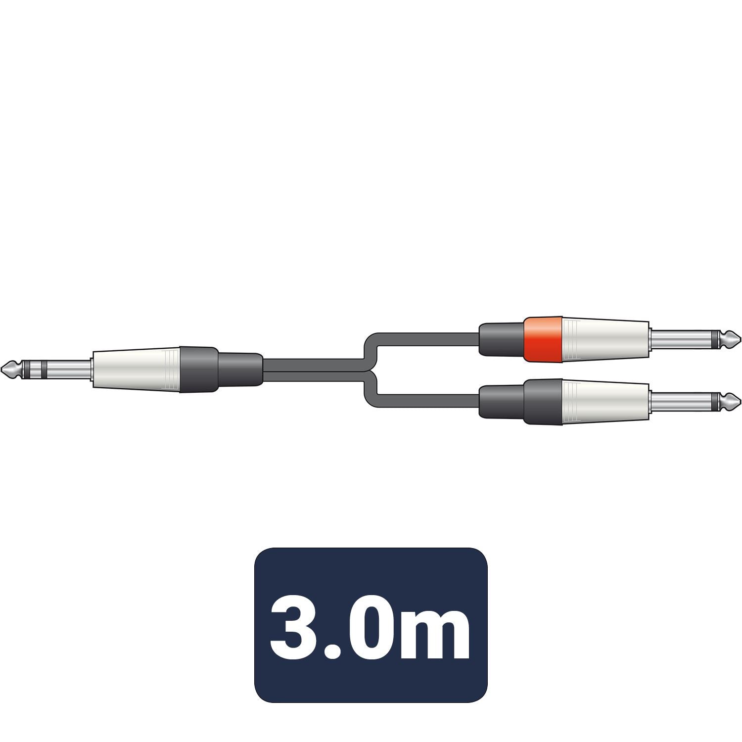Citronic 3m Guitar Amp Stereo Audio 6.35mm 1/4" TRS Jack to Mono 2  x 6.35mm 1/4" Cable