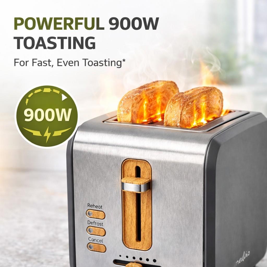 Nedis Soft Touch Toaster with 2 Wide Slots for Toast, Bagels or Muffins, 6 Toasting Settings, Reheat, Defrost and Cancel Functions, Grey