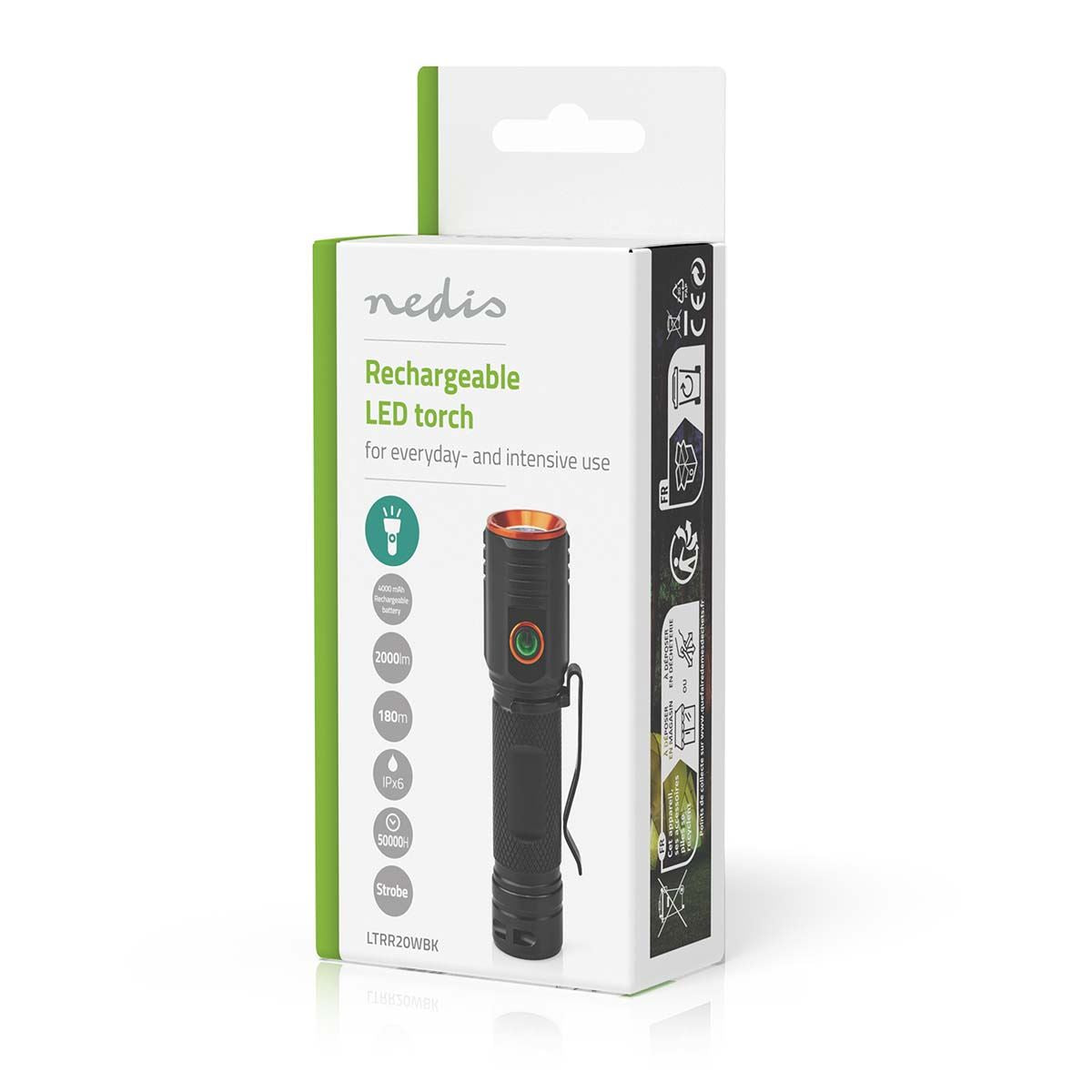 Nedis LED Torch Rechargeable, 20W Compact Flashlight with USB-C Charging, Practical Clip, IPX6 Water-Resistant, 2000 Lumen Beam up to 180m