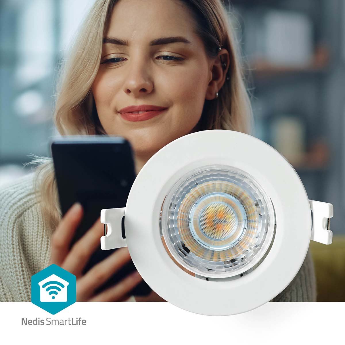 Nedis SmartLife Wi-Fi LED Downlight Spot, 2700-6500K Warm to Cool White, RGB, App & Voice Control, Timer Function, Loop in Loop Out, Adjustable Beam Angle, Compatible with Alexa & Google Home