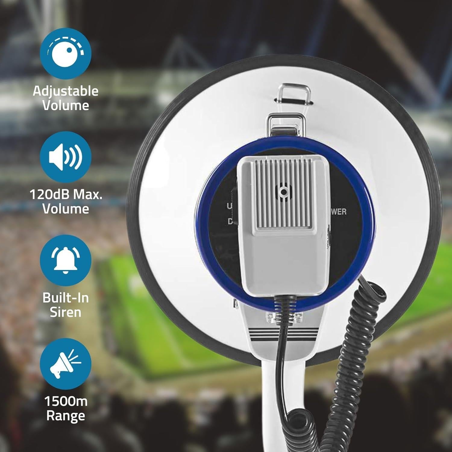Nedis Professional 25W Super Loud Megaphone with Detachable Handheld Microphone, Built-In Siren, Adjustable Volume and Shoulder Strap